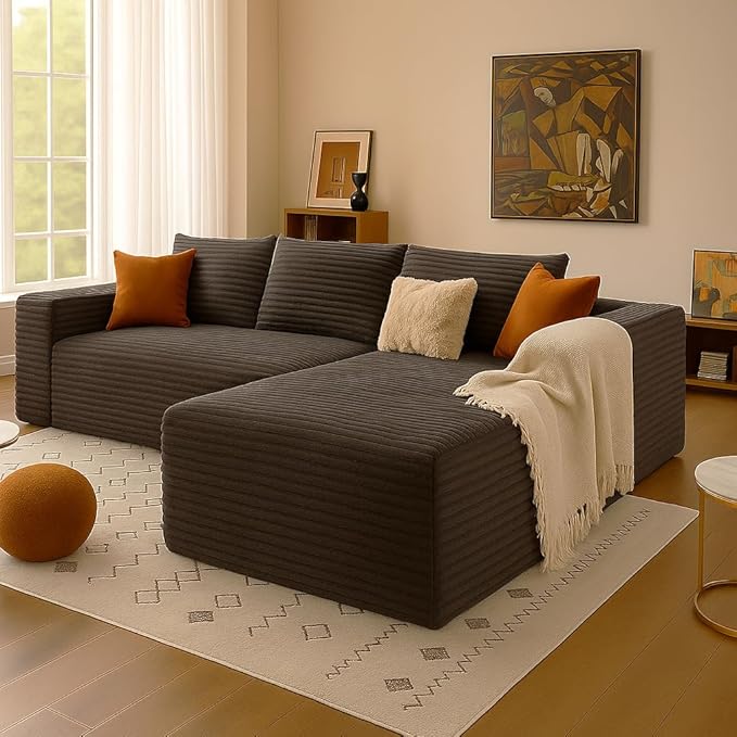 COMHOMA 105”Modular Sectional Sofa with Deep Seat,Cloud Upholstered L-Shape Couch Wide Arms Corduroy Fabric High-Density Foam Chaise Lounge for Living Room No Assembly Required