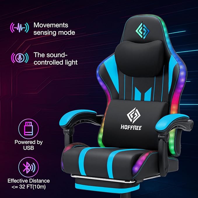 HOFFREE Gaming Chair with Music Rhythm RGB LED Lights and Bluetooth Speakers Ergonomic Massage Computer Gaming Chair with Footrest Video Game Chair High Back with Lumbar Support Blue and Black
