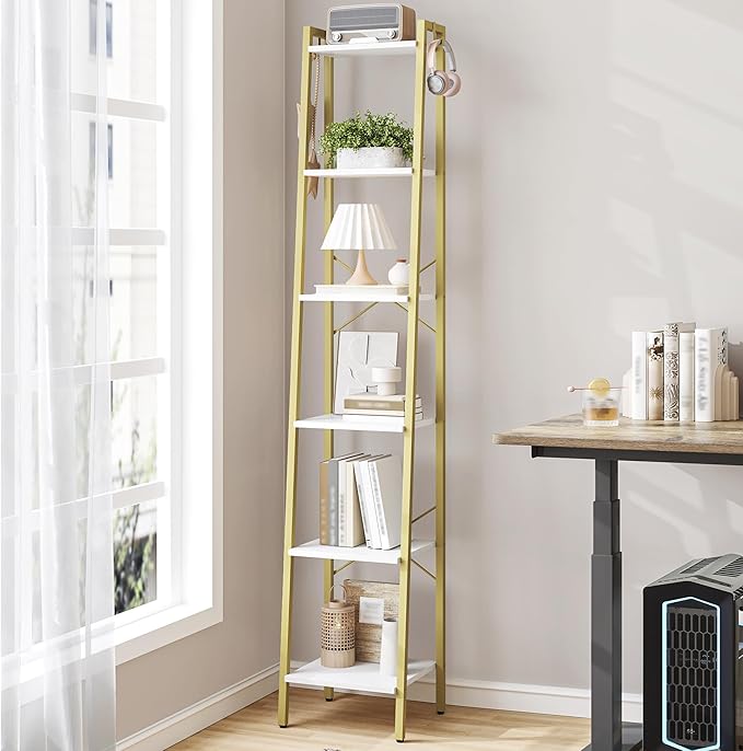 Ladder Shelf, Bookshelf Bookcase, Freestanding Corner Storage Shelve with 2 Hooks for Home Office, Living Room, Kitchen, Bedroom, Industrial, 6-Tier White Gold BC13313G