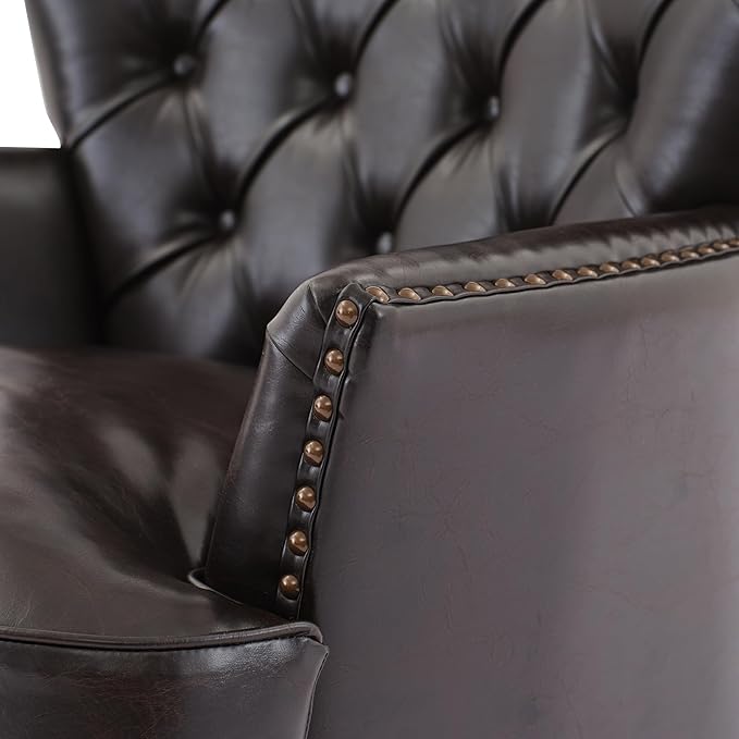 Ball & Cast Accent Chair,Mid-Century Lounge Living Room Chairs with Button Tufting,Upholstered Reading Accent Chair W/Solid Wood Legs and Curved Backrest,for Bedroom,Apartment,Dark Brown