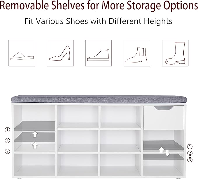 DINZI LVJ Shoe Bench, Entryway Storage Bench with Drawer and 11 Cubbies, Cubby Shoe Rack with Adjustable Shelves, Shoe Organizer Cabinet for Living Room, Bedroom, Mudroom, Closet and Garage, White