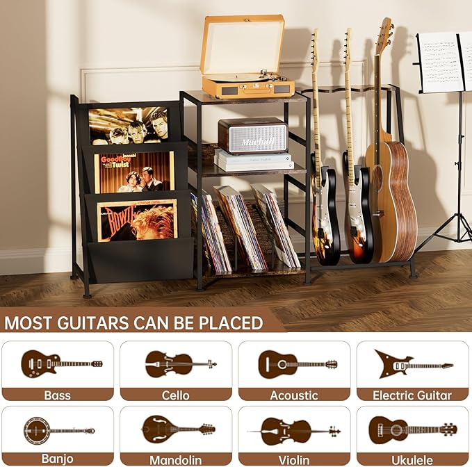 Hosfais 3 Tier Record Player Stand, Guitar Stand for Acoustic, Electric Guitar, Bass Stand, Vinyl Record Storage Up to 200 Albums for Living Room Bedroom, Rustic Brown