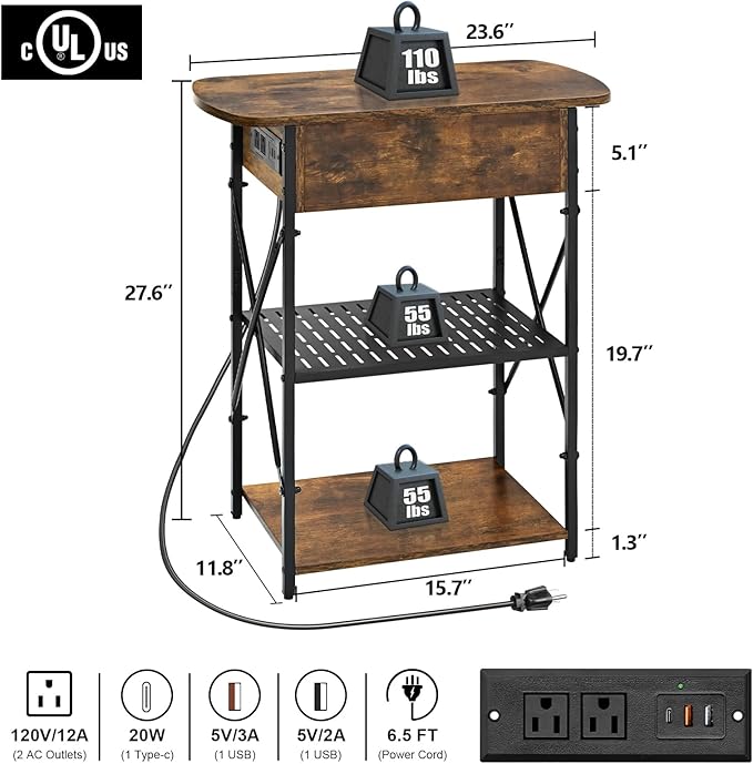 Narrow Side Table with Charging Station, End Tables Set of 2 for Small Spaces, Flip Top End Table with Storage, End Tables Living Room, Nightstand Set 2 with Drawer for Bedroom, Brown