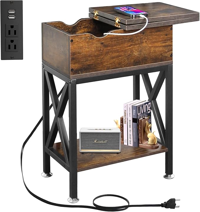 Toocust End Table Living Room with Charging Station, 11"D x 24"W x 23"H, Flip Top Side Table with USB Ports and Outlets, Narrow End Table with 5.3" Deep Drawer, Reinforced Steel X-Frame, Rustic Brown