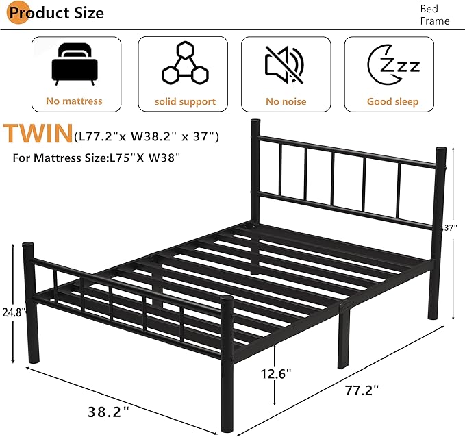Metal Bed Frame,14Inch Twin Size Bed Frame with Storage Space,Heavy Duty Sturdy Mattress Foundation,Easy Assembly,No Box Spring Needed,Twin