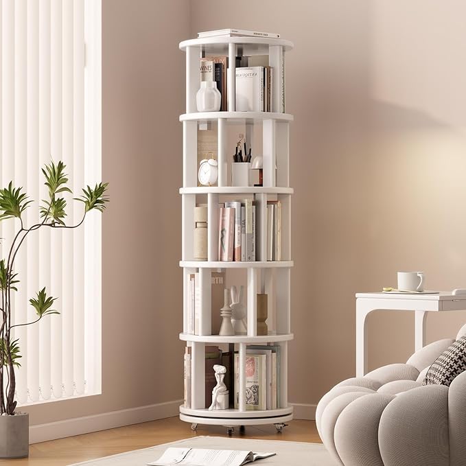 Solid Wood Rotating Bookshelf on Wheels, 5 Tier, Round Revolving Bookcase, 360° Spinning Book Shelf Tower for Kids, Narrow Rolling Bookshelves for Small Space, Corner, Bedroom, Office, White