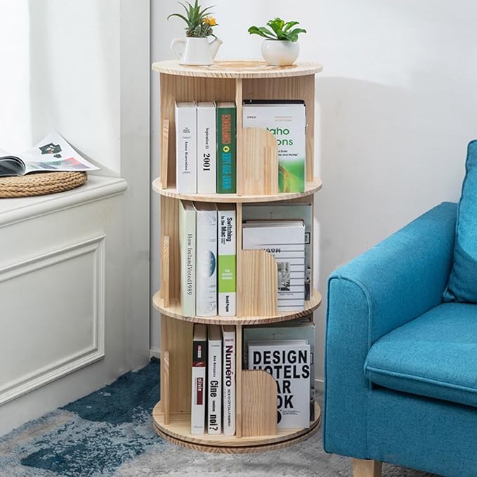 Heehee Wooden Rotating Bookshelf 360 Display Floor Standing Bookcase Storage Rack for Kids&Adults Multi-Functional Bookshelf Organizer (3-Tier)
