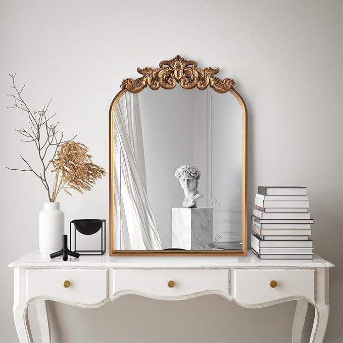 WAMIRRO Ornate Gold Mirror,Vintage Arched Baroque Antique Mirorrs for Living Room Hallway Fireplace Bathroom Entryway 19"X27"