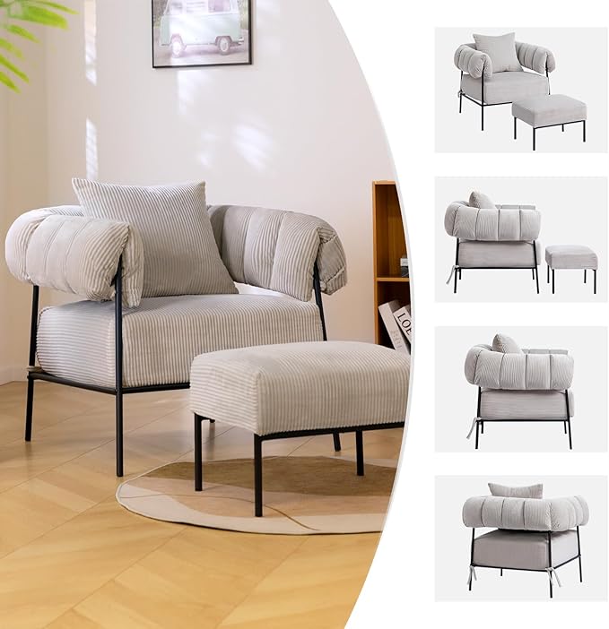 HollyHOME Modern Velvet Accent Chair with Ottoman, Upholstered Comfy Reading Chair and Footstool, Fabric Large Lazy Arm Chair and Stool, Lounge Sofa Chair for Living Room, Bedroom, Grey Chair&Stool
