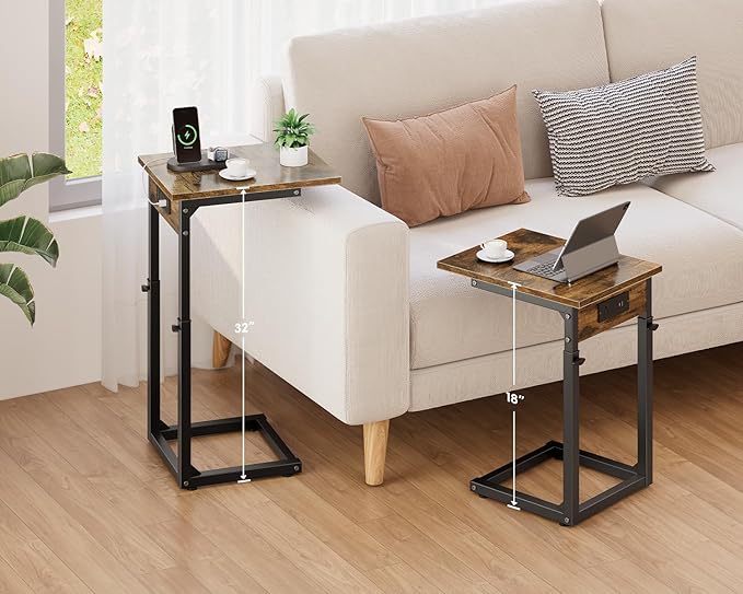 Vagusicc C Shaped End Table with Charging Station, 33" Tall Side Table for Couch, C Table Adjustable Height Small Couch Side Table, Slide Under Sofa Table TV Tray Table for Living Room, Bedroom, Brown