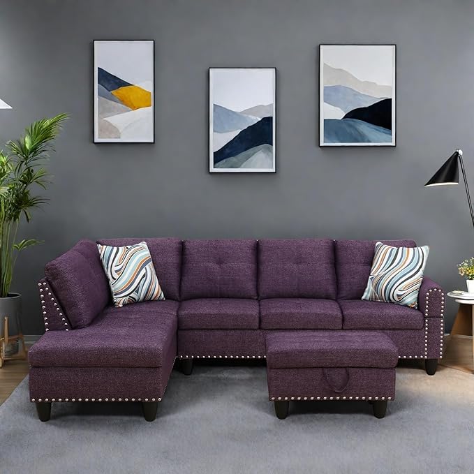 Modern Living Room Furniture Sets with Cup Holder, Modular Sectional Couches with Chaise Lounge, 4-Seaters L Shape Sofa with Storage Ottoman, for Living Room, Apartment, Purple