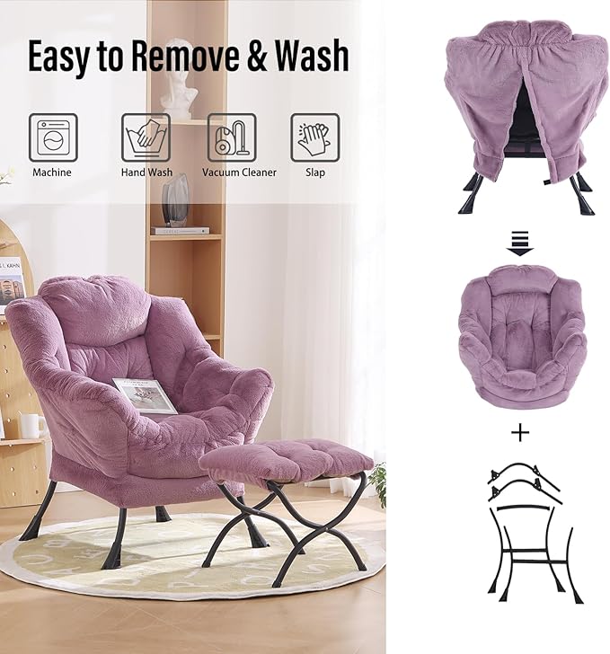 Oversized Chair with Ottoman, Modern Chair with Folding Footrest, Lounge Accent Chair, Comfortable Reading Chair for Bedroom, Study, Living Room, Courtyard (Plush Purple)