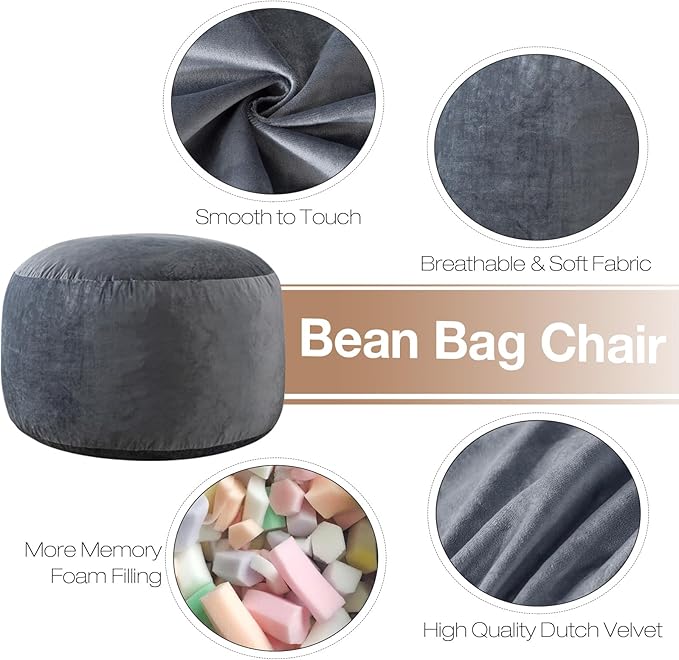 5 Ft Bean Bag Chairs for Adults with Memory Foam Filling, Comfy Bean Bag Sofa with Filler Included, Soft Dutch Velvet Fabric Beanbags,5 Foot, Grey