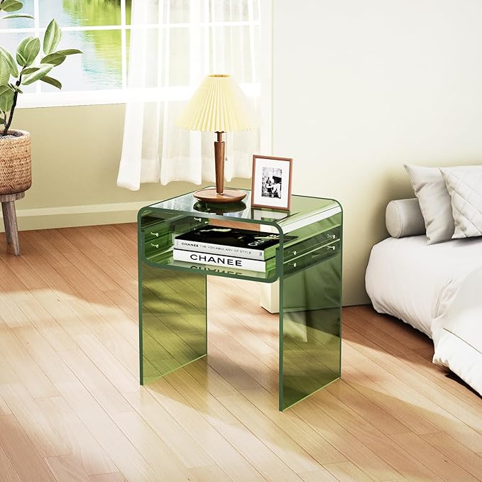 Clear Acrylic End Table 2-Tier Bedside Nightstand for Living Room Bedroom (1, Green)