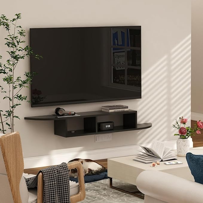 GHC Floating TV Stand, Wall Mounted Entertainment Center and Cabinet Shelf, TV Console with Storage, Media Console for DVD Player, Space-Saving Under TV Shelf for Bedroom, Living Room (Black)