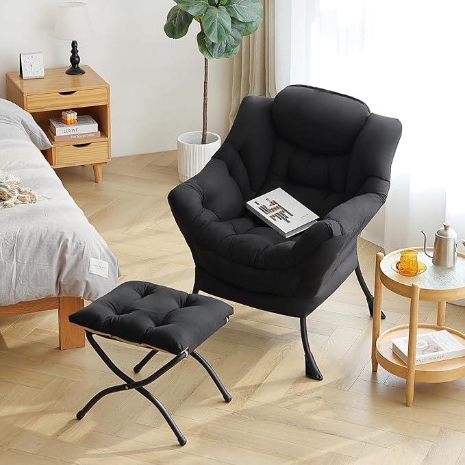 Lazy Chair with Ottoman, Modern Accent Chair Contemporary Lounge Leisure Sofa Chair with Armrests, Reading Chair and Folding Footstool Set for Living Room, Bedroom, Office, Black