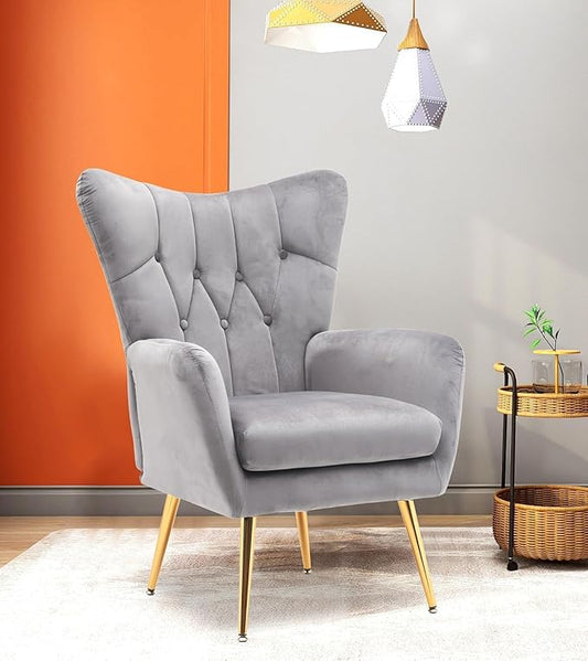 Container Furniture Direct Modern Chic Mid-Century Velvet Accent Armchair for Living Room, Bedroom, or Home Office, Button-Tufted Wingback Design with Gold Flared Legs, Grey