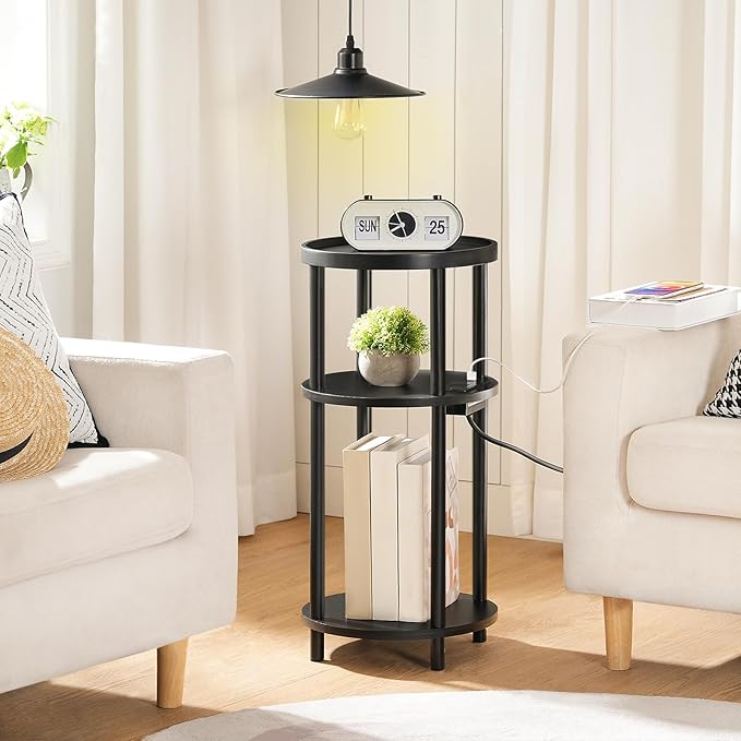 HOOBRO Small Round Side Table with Charging Station, 3-Tier Round Bamboo End Table, Compact Sofa Bedside Table for Small Space, Easy Assembly, for Living Room, Bedroom, Apartment, Black BB152UBZ01