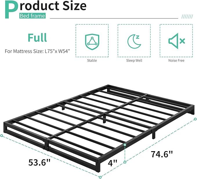 4 Inch Full Size Bed Frame No Box Spring Needed, Heavy Duty Metal Platform Beds with Sturdy Steal Slats for Mattress Foundation, Easy Assembly, Noise Free, Black