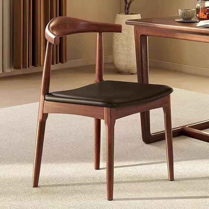 Solid Wood Dining Chair, Mid Century Dining Chair, Upholstered PU Leather Chair with Wide Curved Backrest, Chair for Dining Room, Kitchen, Walnut Finish