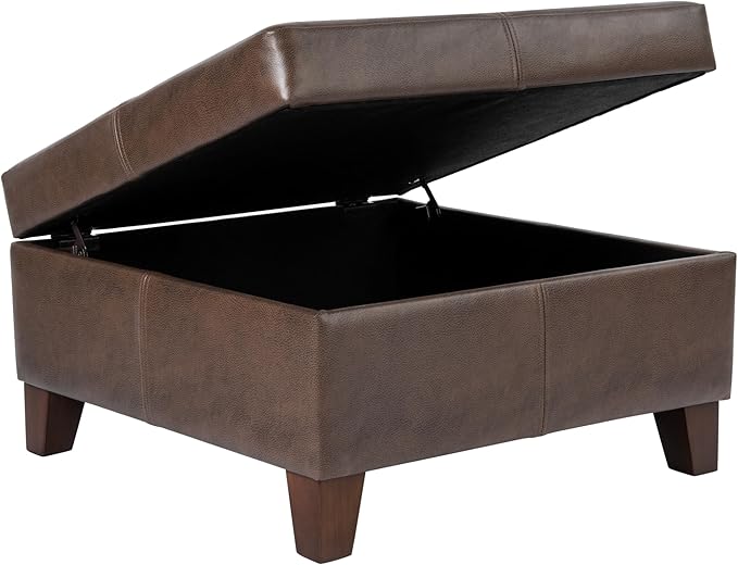 HomePop Home Decor |K2380-E910 | Luxury Large Faux Leather Square Storage Ottoman | Ottoman with Storage for Living Room & Bedroom, Brown Faux Leather