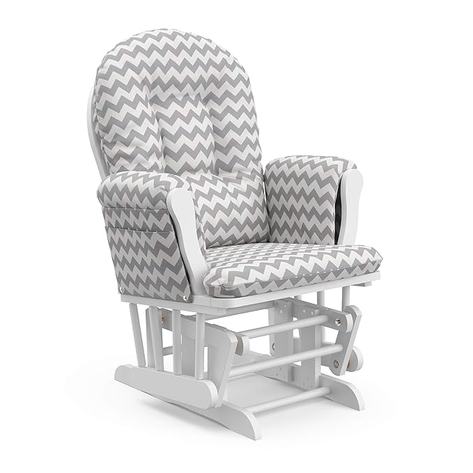 Storkcraft Premium Hoop Glider & Ottoman (White/Gray Chevron) — GREENGUARD Gold Certified Nursery Glider, Solid Wood Craftsmanship, Smooth-Gliding Nursery Chair and Ottoman, Award-Winning