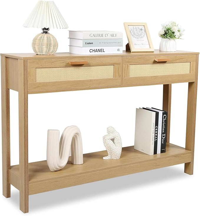 Console Table with Rattan Drawers Boho Entryway Table Narrow Long Sofa Table for Entrance, Hallway, Living Room, Couch