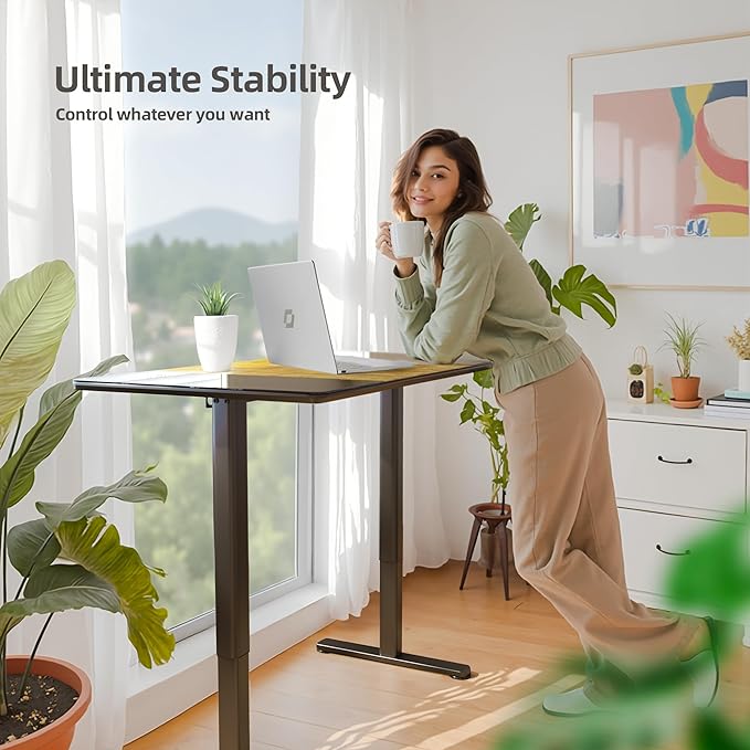 INNOVAR Glass Standing Desk, 48 x 24 Inches Height-Adjustable Desk, Tempered Glass and Wooden Top, Quick Install Home Office Stand Up Desk with 4 Presets, Black Glass and Brown Wood