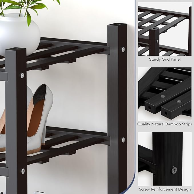 Haddockway small 6 Tier Bamboo Shoe Rack Storage Organizer, Multifunctional Free Standing Stackable Shoe Shelf with Grid Panel for Closet,Hallway,Entryway,Small Space 18"x11"x34"(Black, 6-Tier(Small))