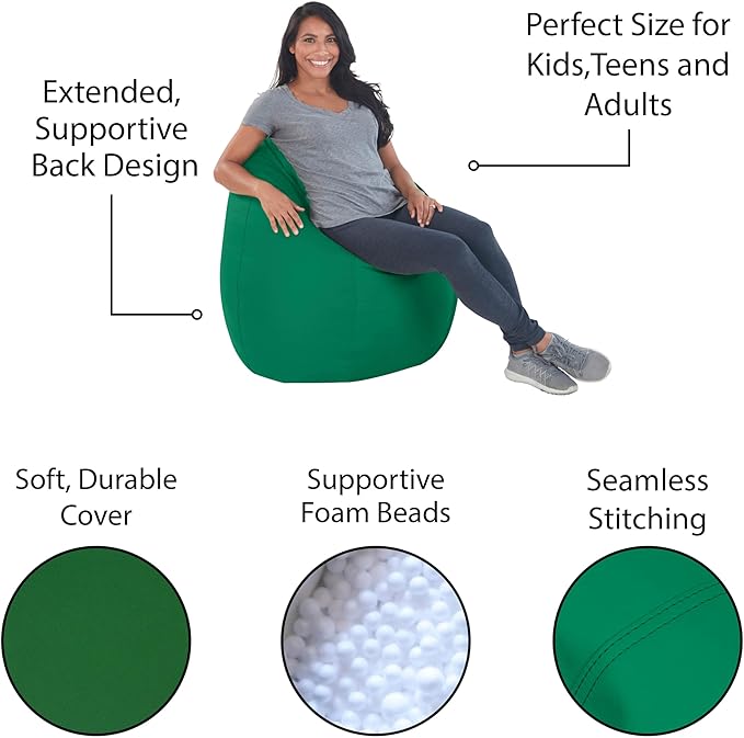 FDP SoftScape Dew Drop Bean Bag Chair with Supportive High-Back Design, For Kids, Teens and Adults, Alternative Seating for Dorms, Schools, Libraries, Daycares or Home - Green