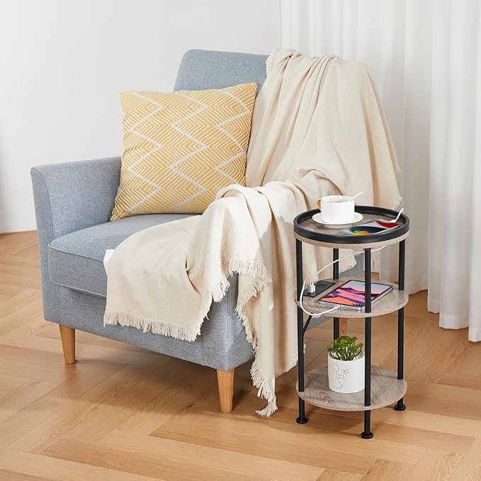 Small Round Side Table with Charging Station for Small Spaces, 3-Tier Accent Table with USB Ports & Power Outlets, Corner Tea Table Sofa Table for Living Room Nightstand Bedroom Apartment(USB,Oak)