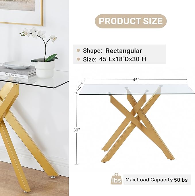 Modern Cross-Leg Console Table with 8mm Tempered Glass - Gold Geometric Entryway Table for Living Room & Bedroom, 45”Lx18”Wx30”H (Luxury Gold Finish)