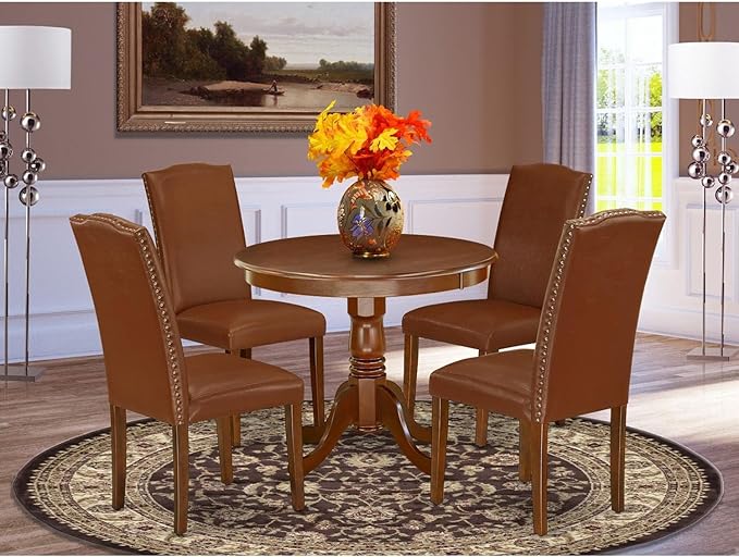 East West Furniture ANEN5-MAH-66 5 Piece Dining Set Includes a Round Dining Room Table with Pedestal and 4 Brown Faux Faux Leather Upholstered Parson Chairs, 36x36 Inch, Mahogany