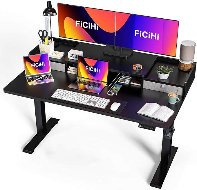 48x30 Inch Electric Standing Desk with Drawers & Widen Desktop, Thickened Desk Frame, Adjustable Height Sit Stand Up Table, Home Office Computer Desk with Cable Management, Classical Black