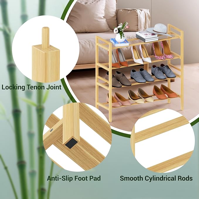 Haddockway Bamboo Shoe Rack for Closet, Free Standing Shoe Organizer with Smooth Round Rods & Convenient Handles, Stackable Shoe Storage Shelf for Entryway, Hallway(Natural, 4-Tier)