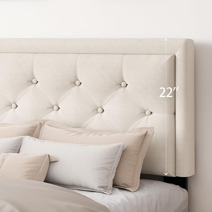 Full Size Platform Bed Frame with Upholstered Velvet Button Tufted Headboard, Mattress Foundation with Wooden Slat Support, No Box Spring Needed, Easy Assembly, Noise Free, Beige