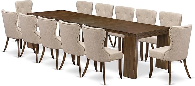 X12SI-008-04 - 13 Pieces Kitchen Dining Table Set includes an Extendable Rectangle Kitchen Table and 12 Dining Chairs, 39x120 Inch, Antique Walnut