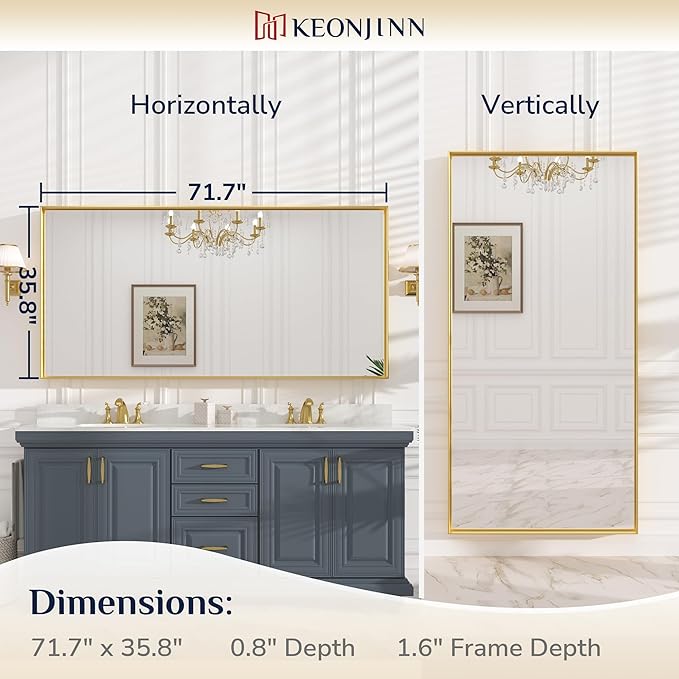 Keonjinn Large Gold Bathroom Mirror 72" x 36", Brushed Gold Rectangular Mirror for Wall, Oversized Metal Framed Mirror, Square Corner, Modern Farmhouse Decorative(Horizontal/Vertical)