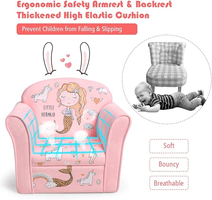 Costzon Kids Couch, Children's Sofa Armrest Chair with Pattern, Toddler Furniture w/Sturdy Wood Construction, Preschool, Lightweight Kids Couch Sofa Chair for Aged 1-5 Boys & Girls Gifts, Mermaid