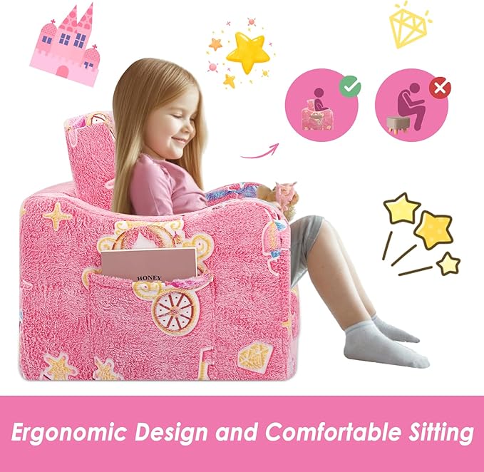 Kids Couch Extra Large,Glow in The Dark 2-in-1 Folding Kids Sofa Bed for Girls,2 Seats Convertible Sleeper Lounger Toddler Couch for Children Bedroom Playroom Nursery,Castle