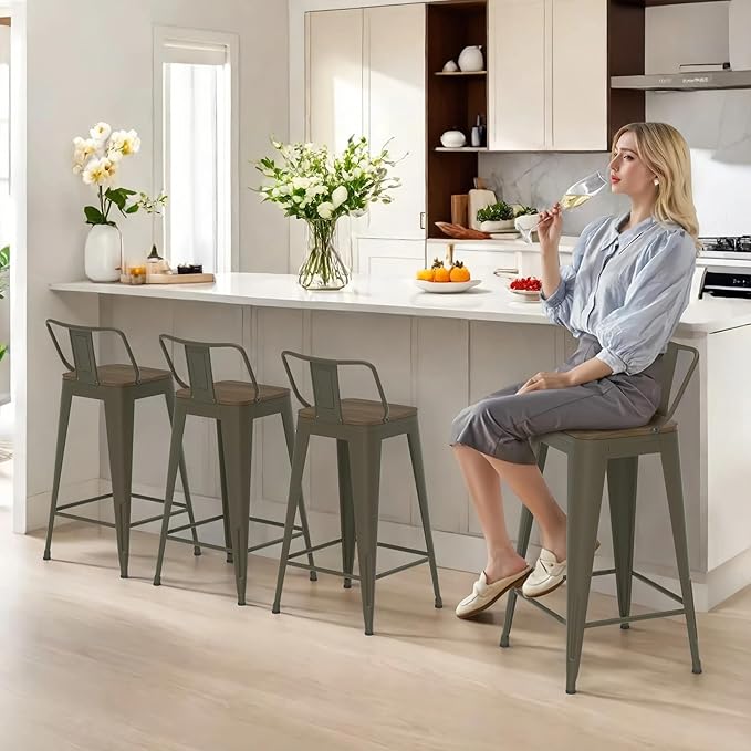 26 Inch Swivel Bar Stools Set of 4, Counter Height Bar Stools with Low Back, Metal Industrial Bar Chairs for Kitchen Island (Rusty)