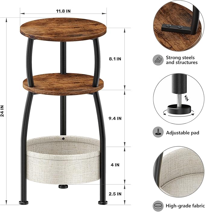 Round Side Table for Small Spaces with Storage Basket –Small End Table 3-Tier Night Stand Sofa Corner Table for Living Room, Bedroom, Patio and More 24in Tall Rustic Brown