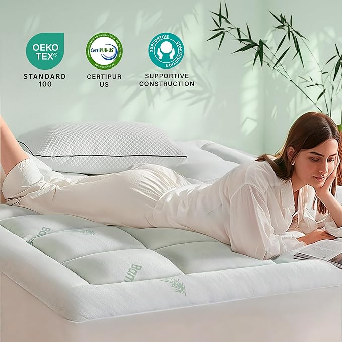 Anluoer Memory Foam Mattress Topper King for Back Pain, Rayon Derived from Bamboo Pillow Top Mattress Topper for Hot Sleepers,Cooling Mattress Pad with 8-21" Deep Pocket, 78x80 Inches, White