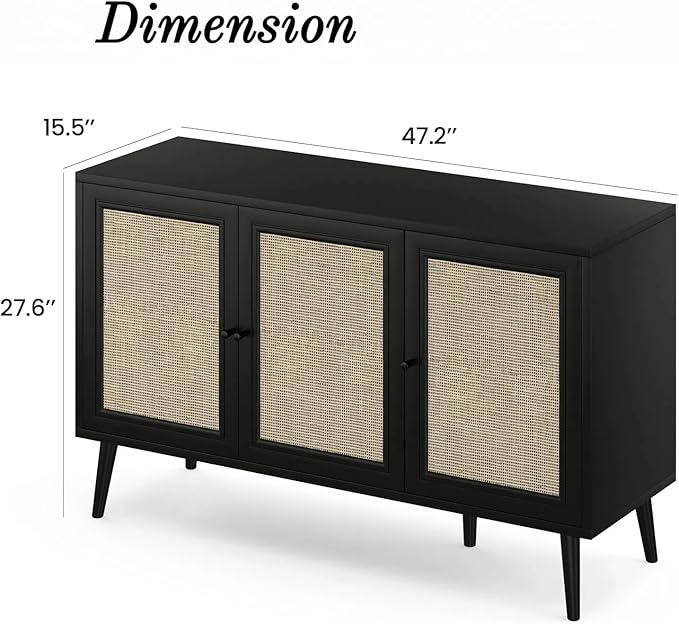 Rattan Entryway Table, Entertainment Center with Adjustable Shelf, Sideboard Buffet Cabinet with 3 Rattan Doors, Modern Console Cabinet with Large Storage for Living Room, Kitchen, Black