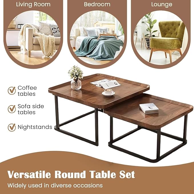 Square Nesting Coffee Table Set of 2, 23.6"+19.7" Nesting Tables,Small Square Coffee Table with Fluted,Center Table for Living Room Bedroom Office Balcony Yard (Walnut)