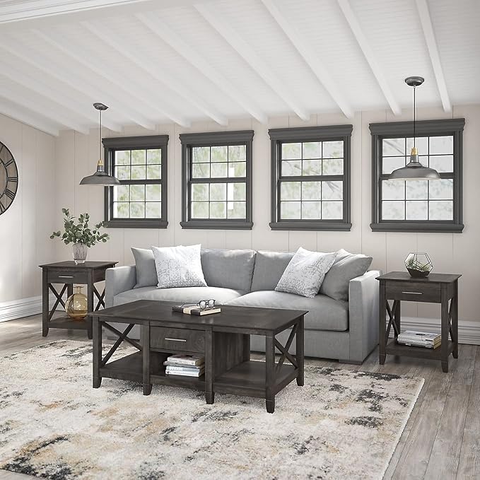 Bush Furniture Key West Coffee Table with Set of 2 End Tables in Dark Gray Hickory