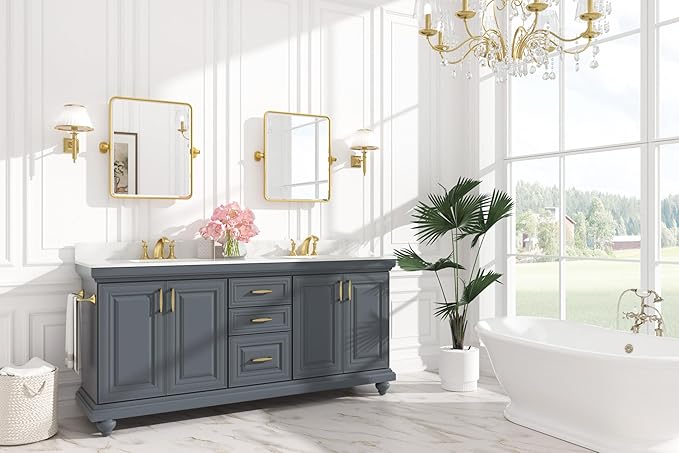 Keonjinn Gold Pivot Mirror Bathroom, 20x24 In Beveled Tilt Mirror Bathroom, Brushed Gold Modern Rectangular Metal Framed Mirrors, Rounded Corner Rectangular Vanity Mirrors for Wall,Horizontal/Vertical