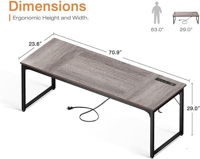 Coleshome 71 x 24 Inch Computer Desk with USB Ports, Large Office Desk, Long Study Student Writing Desk, Grey Oak