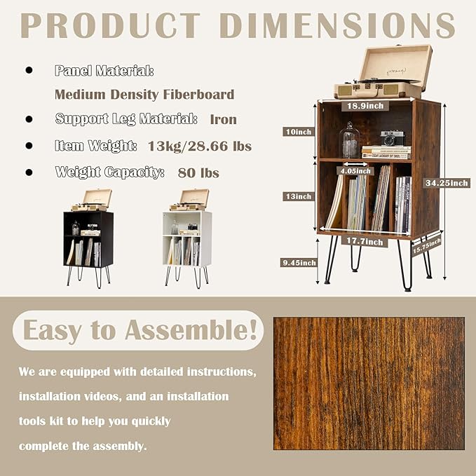 Record Player Stand with Vinyl Storage, Vinyl Record Storage Cabinet Holds Up to 150 Albums, End Table for Record Player, Turntable Stand with Record Storage for Living Room, Brown