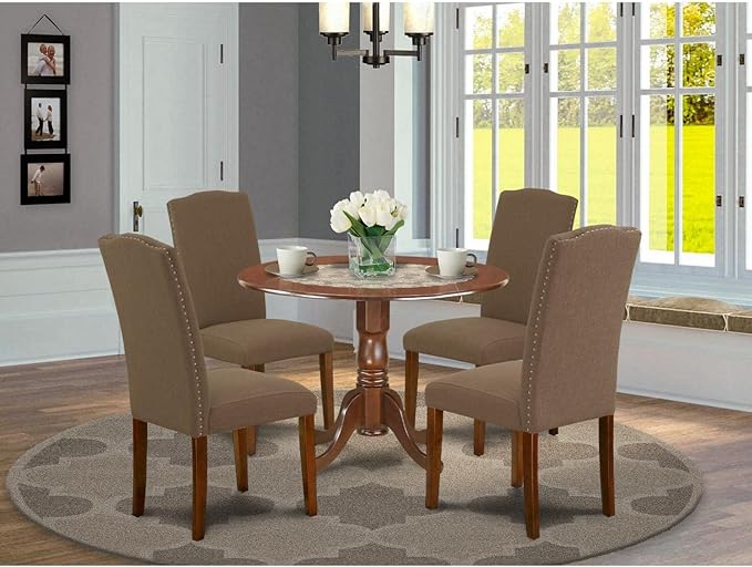East West Furniture DLEN5-MAH-18 5 Piece Dining Room Furniture Set Includes a Round Dining Table with Dropleaf and 4 Dark Coffee Linen Fabric Upholstered Chairs, 42x42 Inch, Mahogany